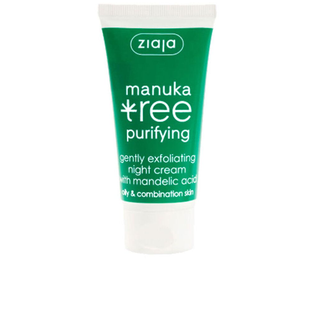 Tubo verde con testo. Scritto: Manuka Tree, purifying, crema notte con acido mandelico. Marchio Ziaja visibile.