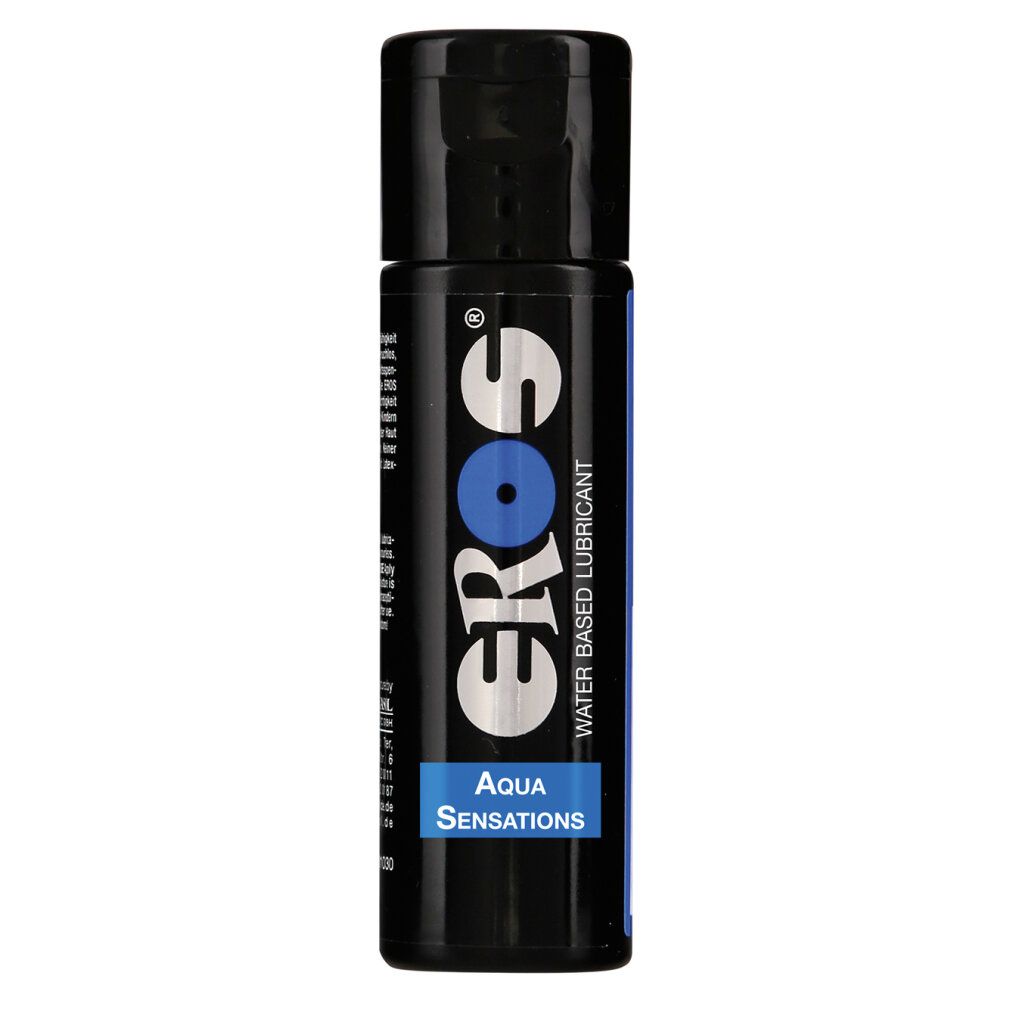 Flacone nero con etichetta blu. Scritta: EROS, Aqua Sensations, Water Based Lubricant.