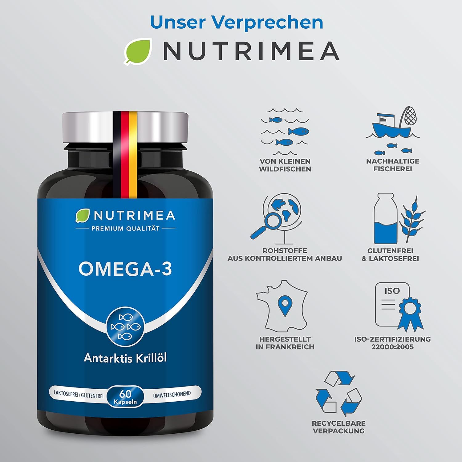 Infografica blu con flacone di Omega-3. Testo e icone su ingredienti, pesca, certificazione.