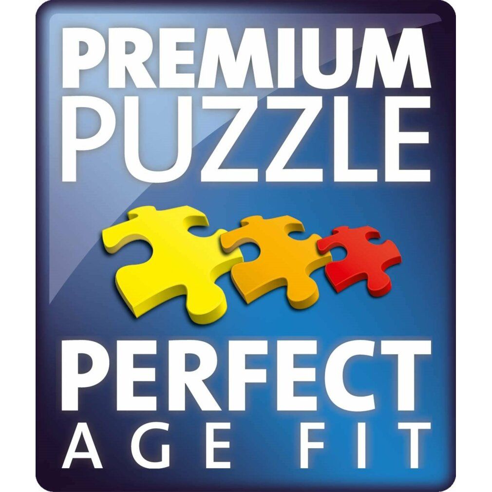 Logo Premium Puzzle Perfect Age Fit. Tre pezzi di puzzle gialli, arancioni e rossi su sfondo blu.