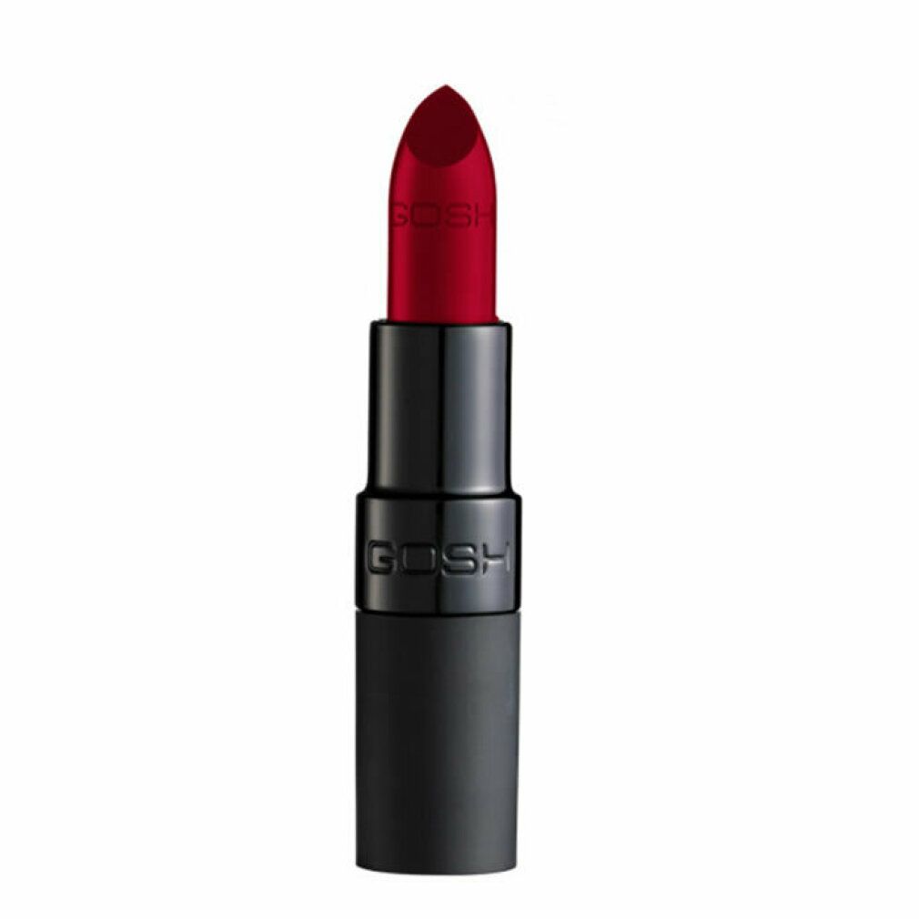 Rossetto rosso con astuccio nero. Il marchio GOSH è visibile. Il rossetto è parzialmente estratto.