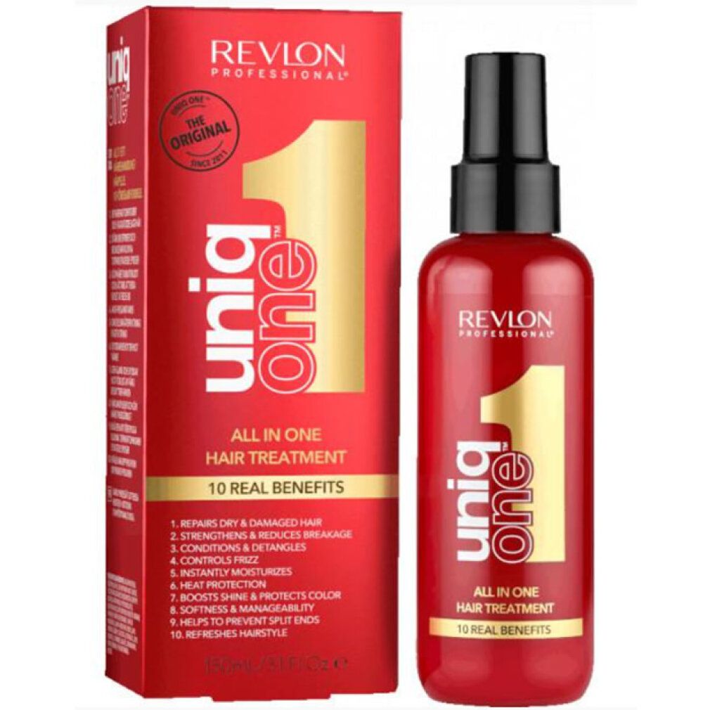 Confezione e flacone rossi. Scritta: Uniq One, All in One Hair Treatment, 10 Real Benefits. Marchio: Revlon Professional. Con testo.