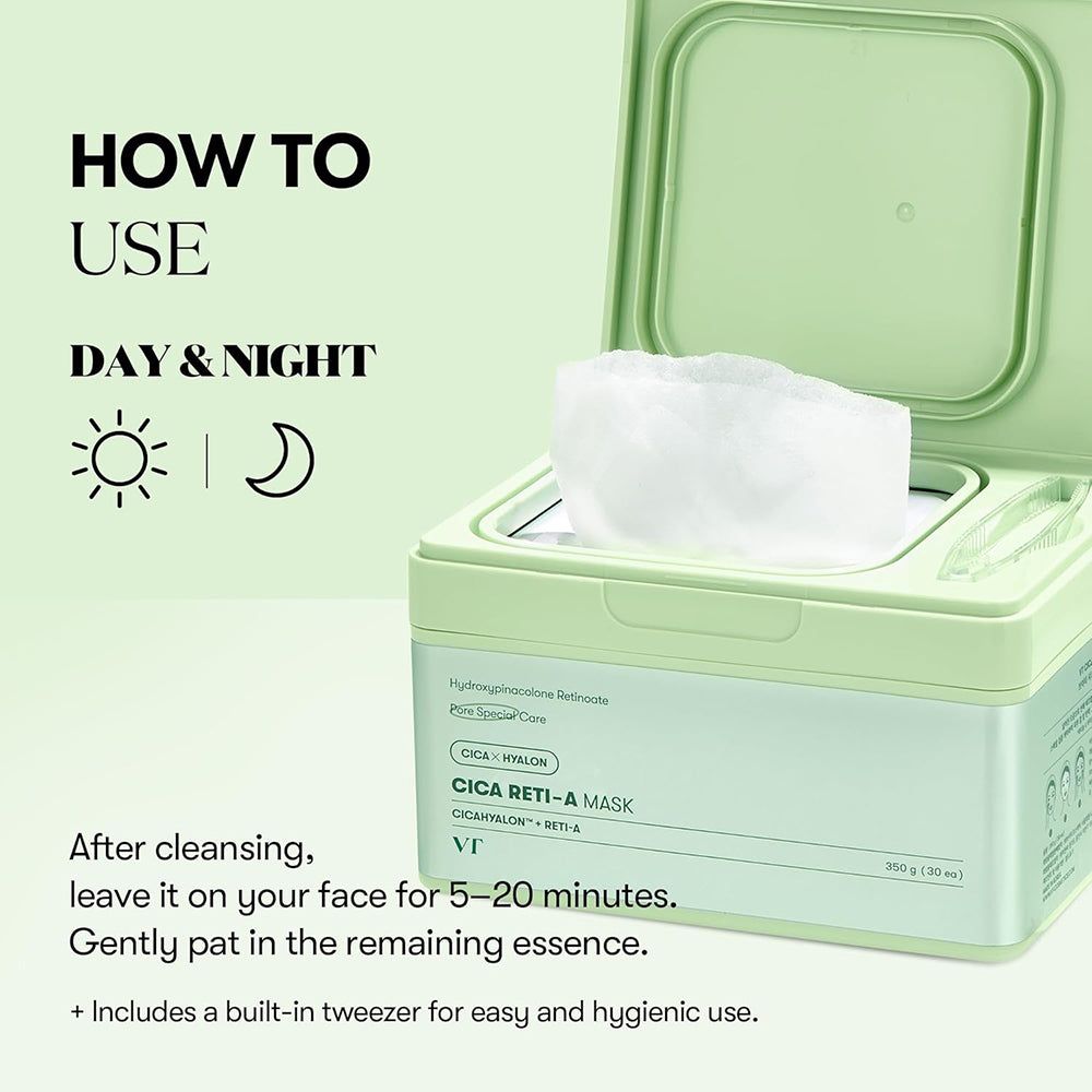 Confezione verde con maschere. Testo: CICA RETI-A MASK. Utilizzo: Giorno e notte. Lasciare agire 5-20 minuti dopo la pulizia.