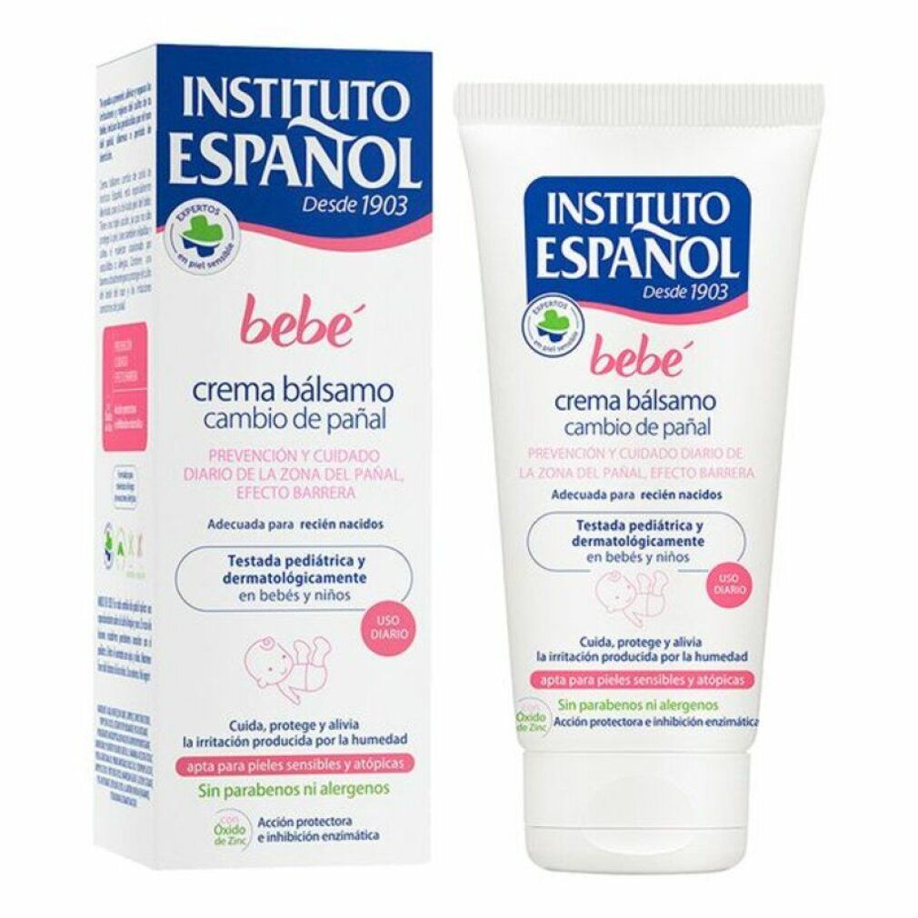 Instituto Español Baby Balm Cream. Tubo e scatola. Testo: bebé, crema bálsamo cambio de pañal. Per pelli sensibili.