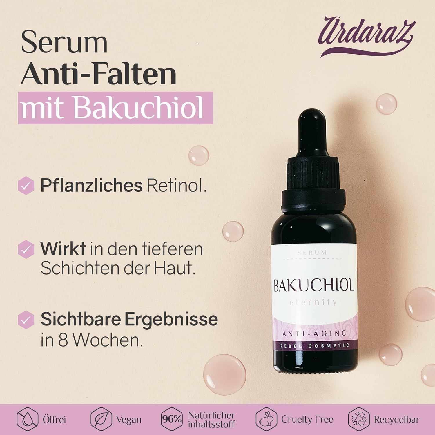 Flacone di siero al bakuchiol. Flacone nero con contagocce. Testo: Anti-età, vegano, senza olio. Logo e nome del prodotto.