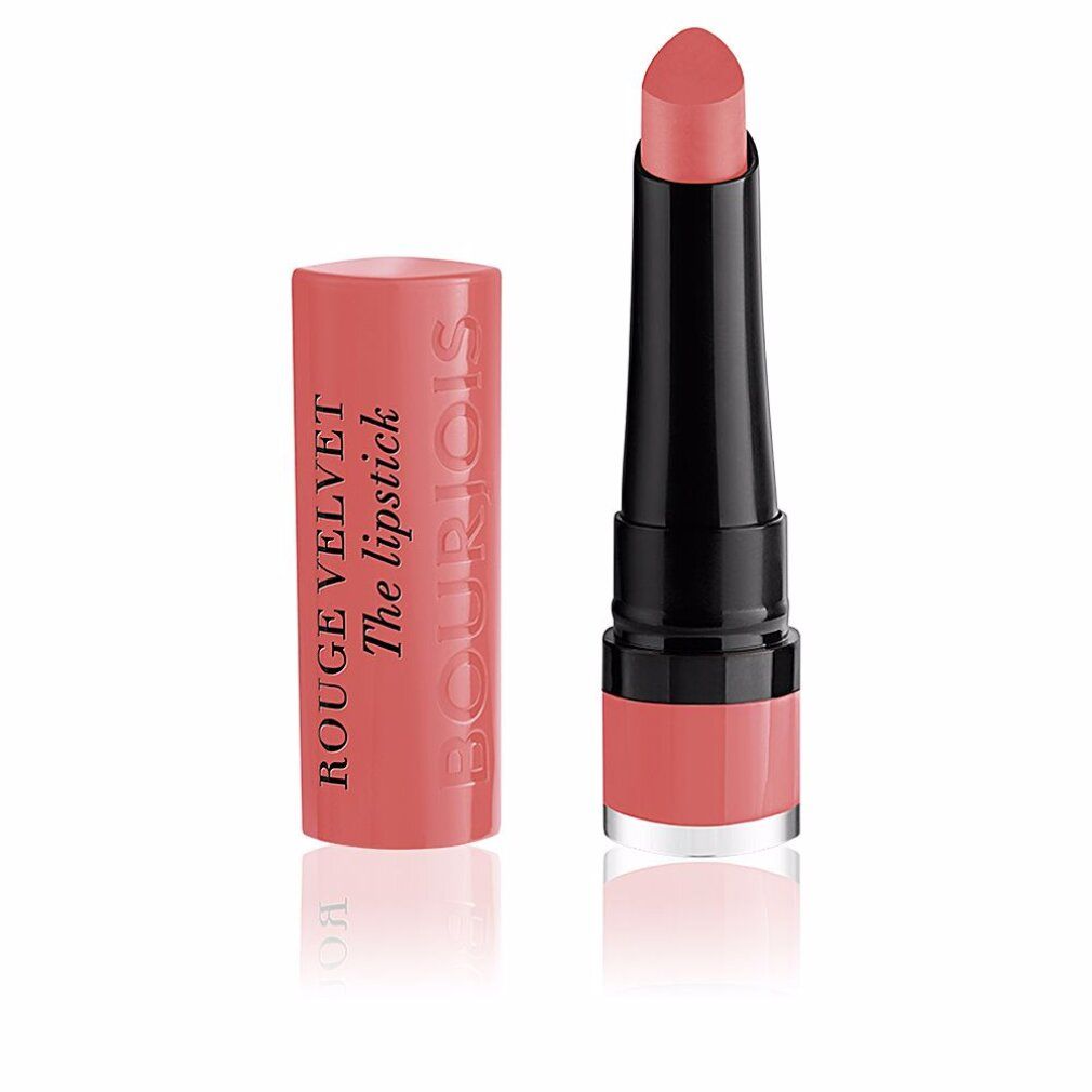 Rossetto con cappuccio aperto. Rossetto rosa con stelo nero. Scritta: Bourjois Rouge Velvet The lipstick.