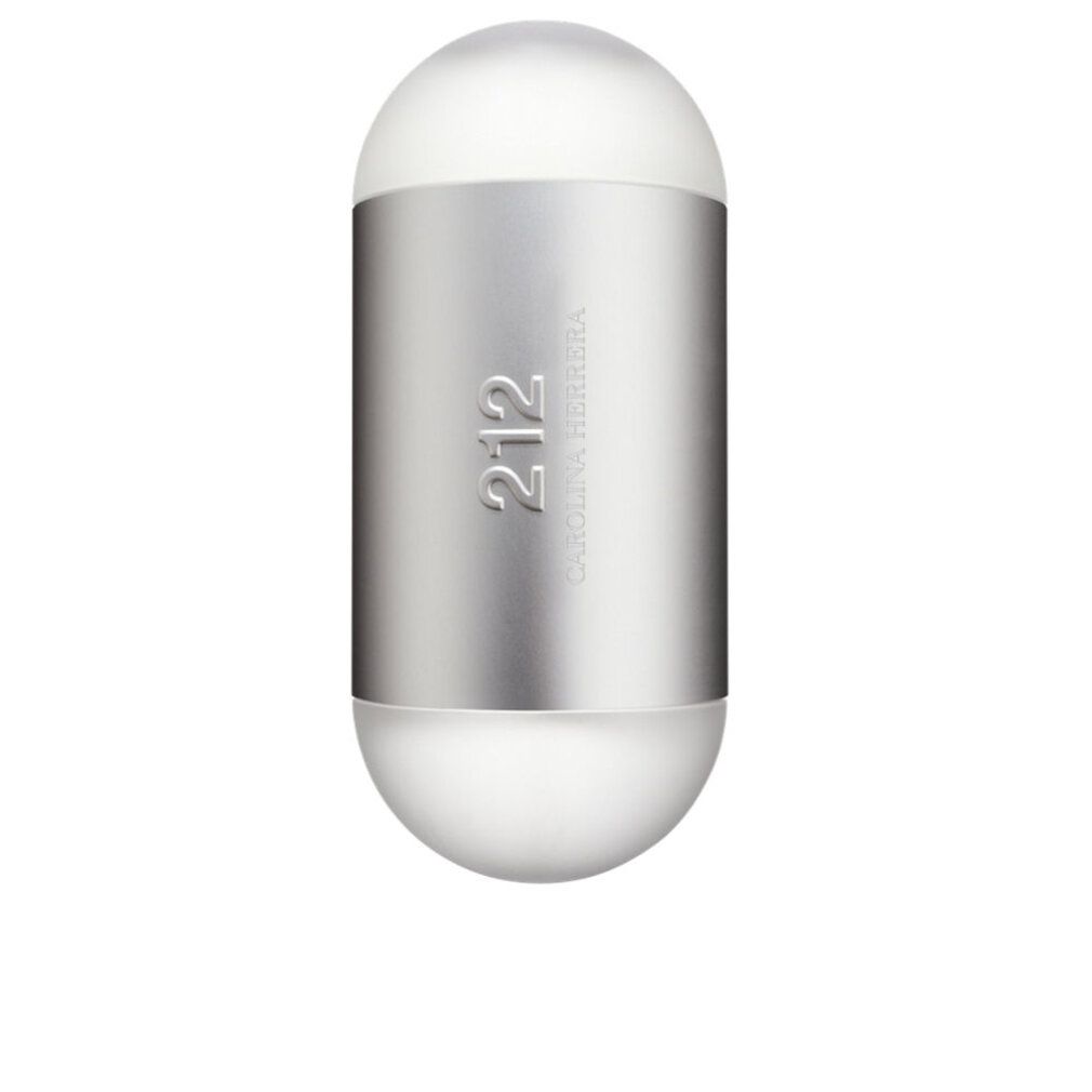 Flacone cilindrico, parte centrale argentata, estremità bianche. Scritta "212" e "Carolina Herrera".