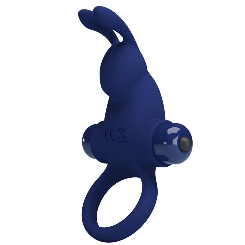 Anello vibrante blu scuro con orecchie di coniglio, sfere e scritta 'VIBRATION BUTTON'.