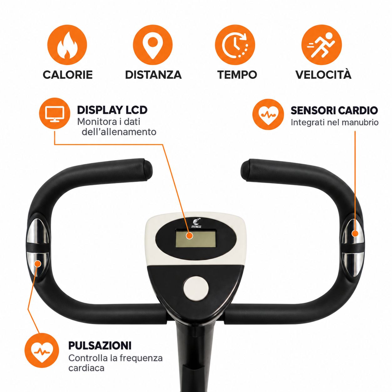 Cyclette nera con display LCD che mostra calorie, distanza, tempo e velocità.