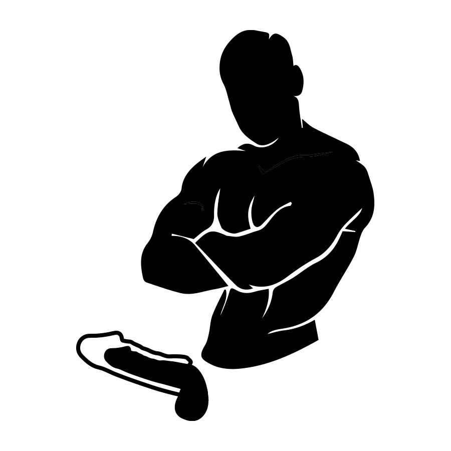 Silhouette di uomo con le braccia conserte e un'estensione del pene trasparente.