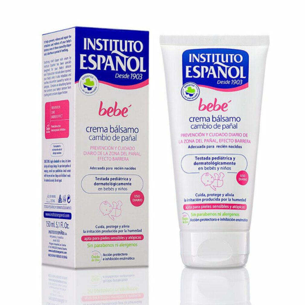 Instituto Español Baby Balm Cream. Tubo e scatola. Testo: bebé, crema bálsamo cambio de pañal. Per pelli sensibili.