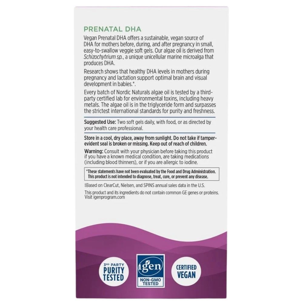 NORDIC NATURALS Pränatales DHA Vegan: Retro della confezione con descrizione del prodotto, istruzioni per l'uso e certificazioni.