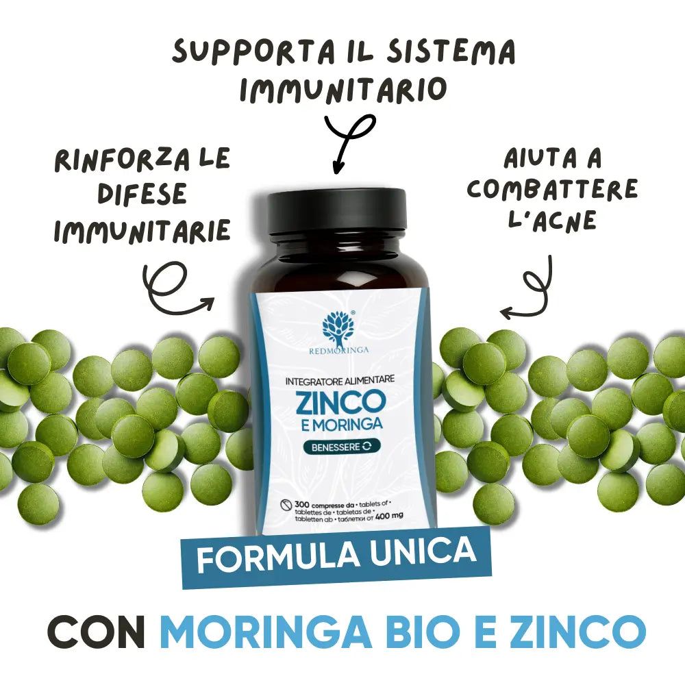Bottiglia con compresse e testo. Supporta il sistema immunitario. Rinforza le difese immunitarie. Aiuta contro l'acne. Con Moringa BIO e Zinco.