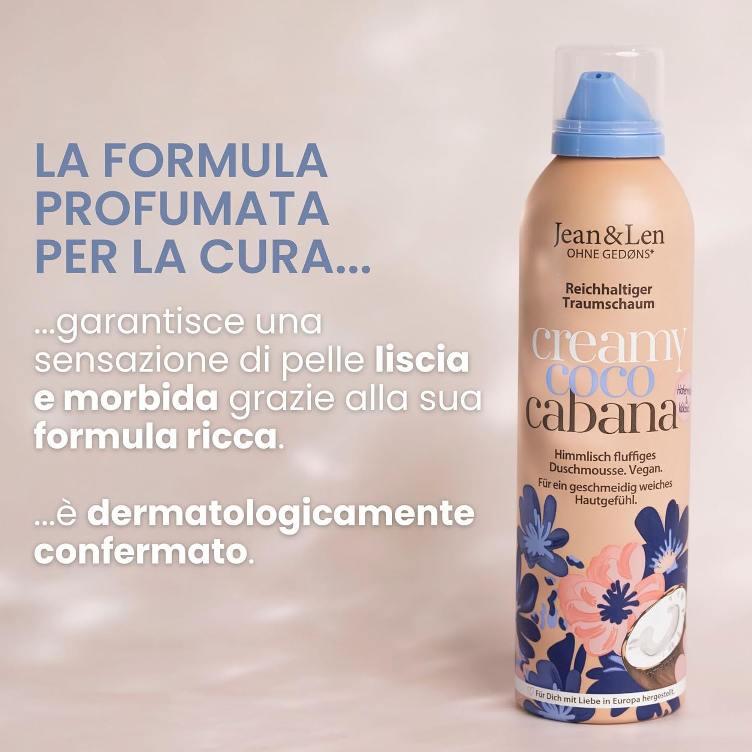 Flacone beige con erogatore blu. Testo: La formula profumata... assicura una pelle liscia. Dermatologicamente testato.