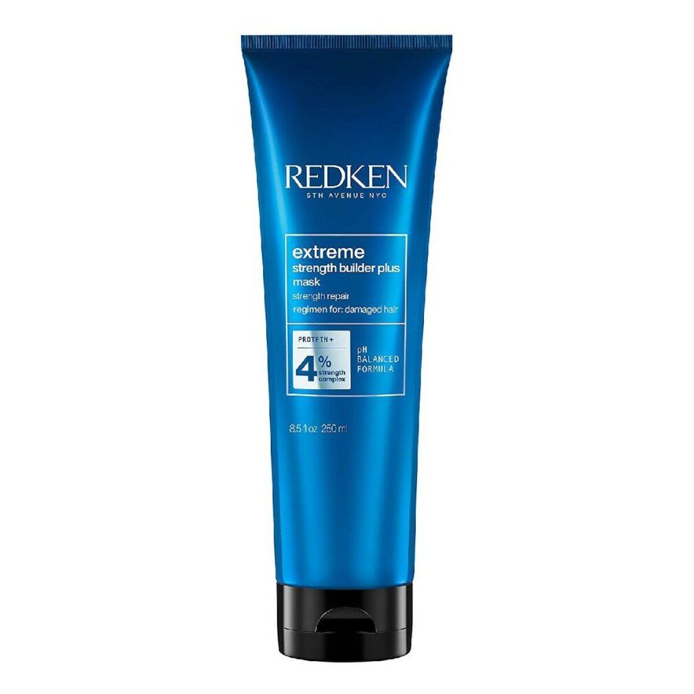 Tubo blu Redken. Testo: Extreme Strength Builder Plus Mask. Contiene 250 ml.