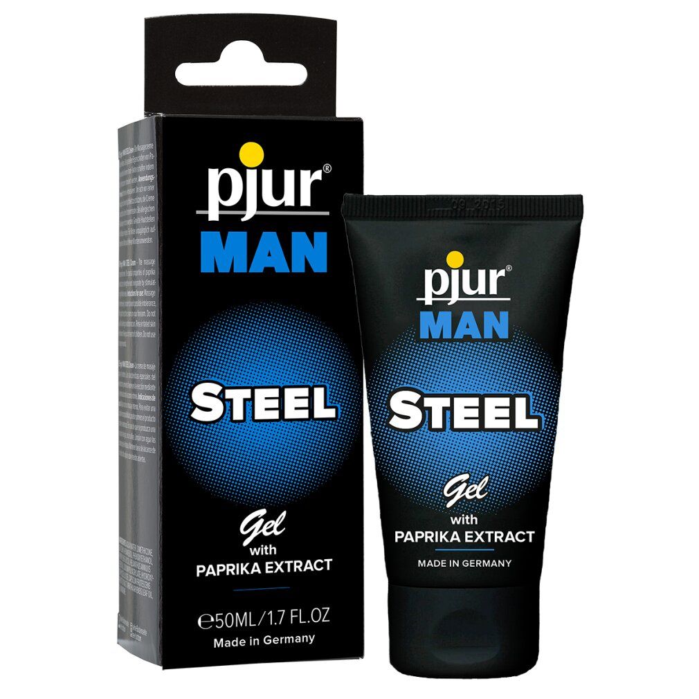 Tubo e scatola neri. Scritta: Pjur MAN STEEL Gel con estratto di paprika. 50ml/1.7 fl.oz.