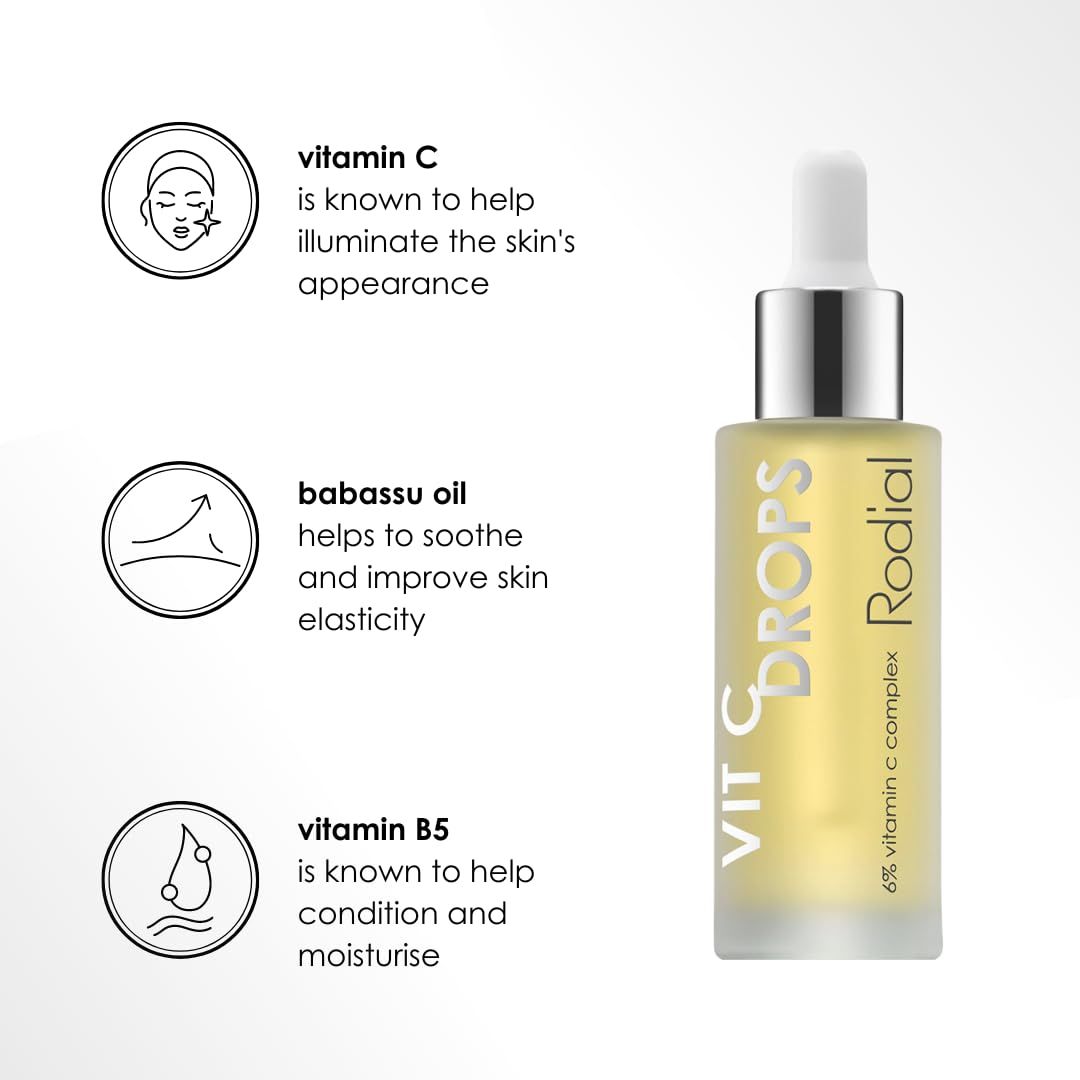 Flacone con pipetta. Testo: VIT C DROPS, Rodial. Scritta: 6% Vitamin C Complex. Con icone.