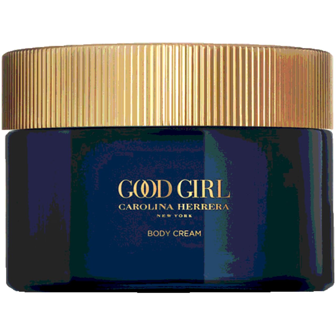 Vasetto blu scuro con coperchio dorato, scritta "Good Girl Body Cream".
