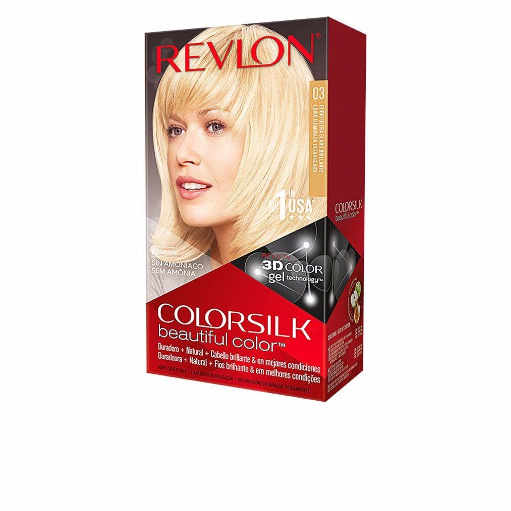 Confezione Revlon Colorsilk, Ultra Light Sun Blonde 03. Senza ammoniaca. Tecnologia 3D Color Gel. Donna bionda.