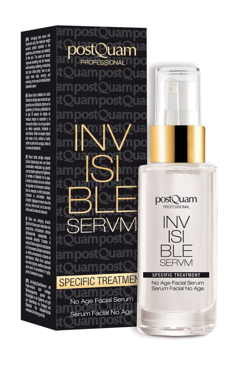 Siero viso Invisible Postquam. Flacone con vaporizzatore e confezione. Confezione nera con testo. Nome del prodotto e logo visibili.