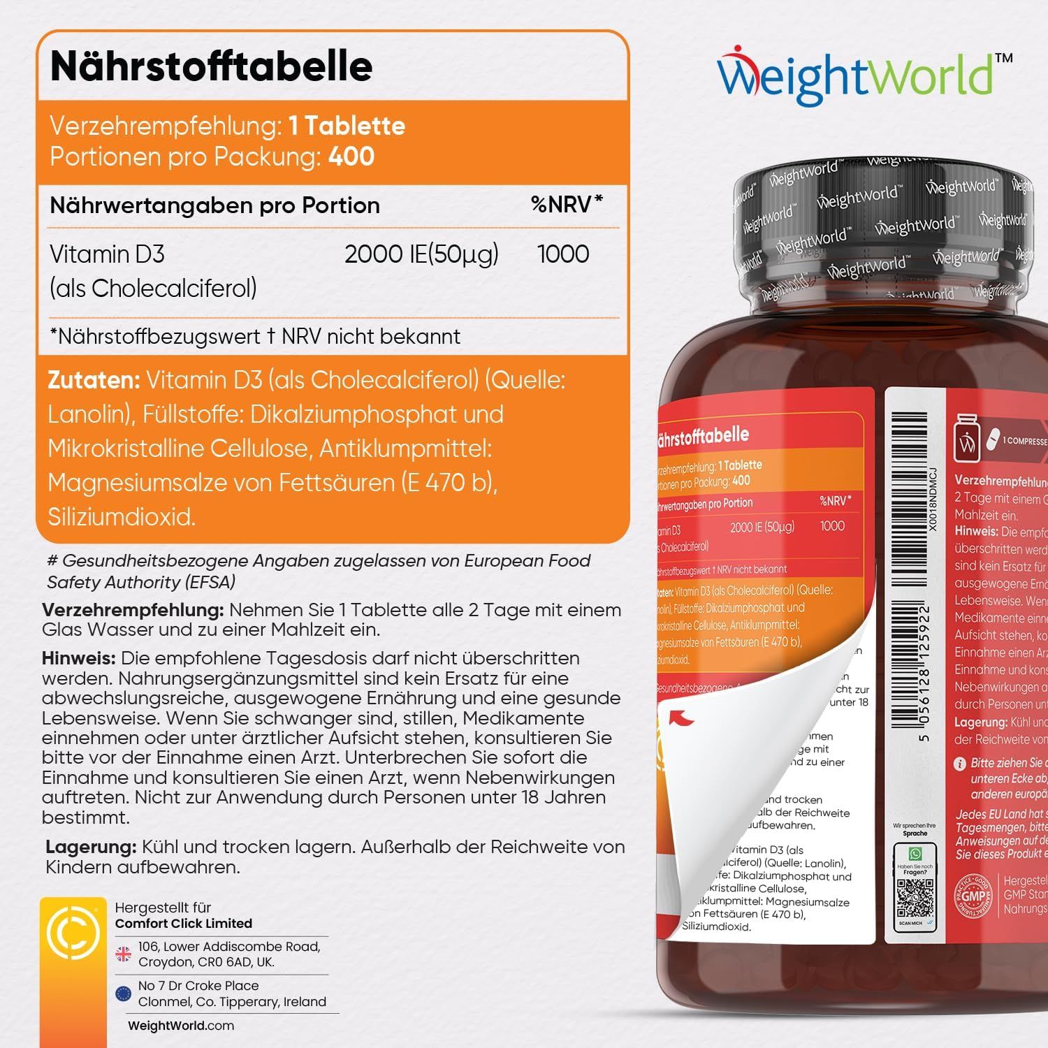 Tabella nutrizionale vitamina D3 2000 UI. Informazioni sugli ingredienti e l'uso. Indirizzo del produttore Comfort Click Limited.