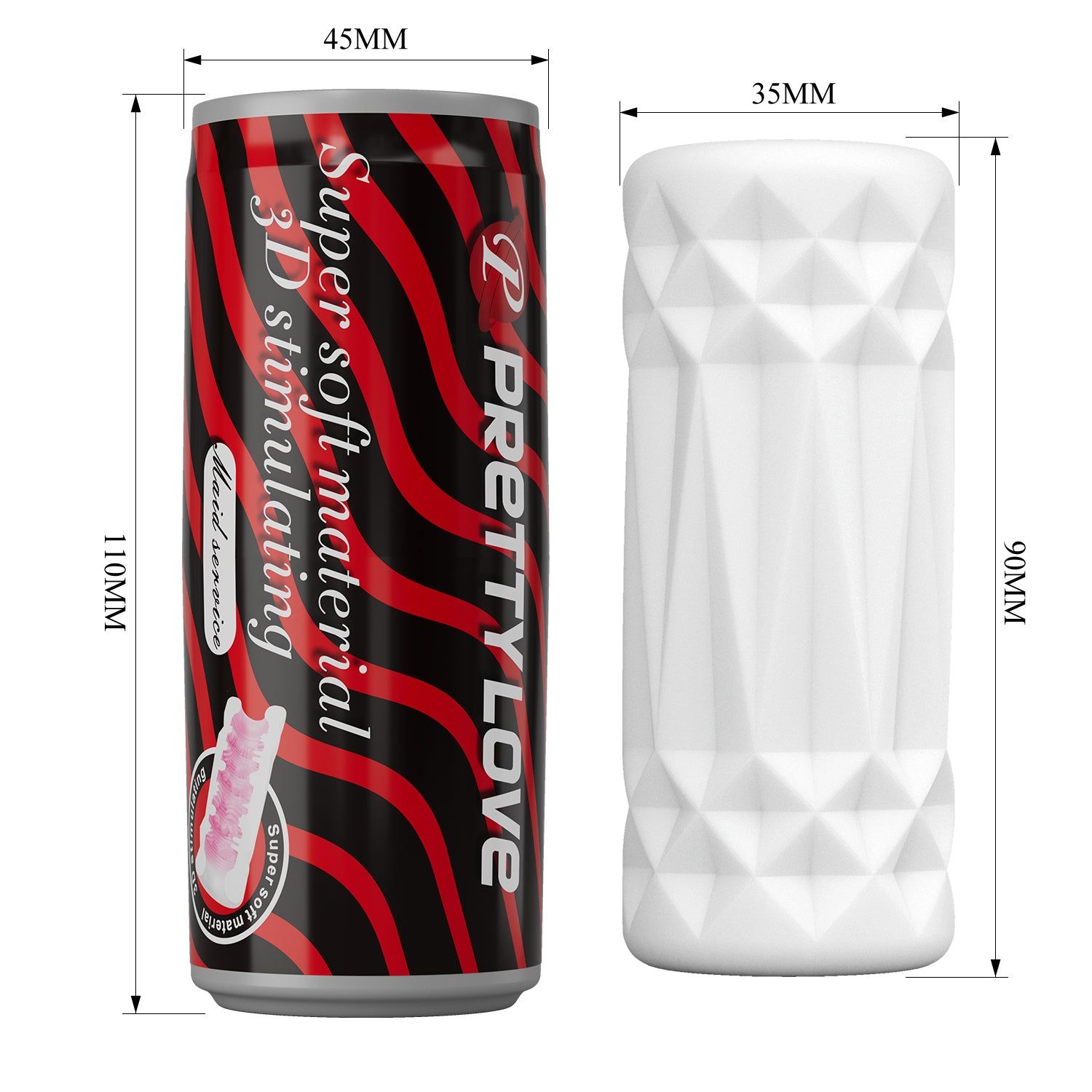 Prodotto cilindrico bianco con superficie geometrica e una lattina con design rosso e nero. Le dimensioni sono indicate.