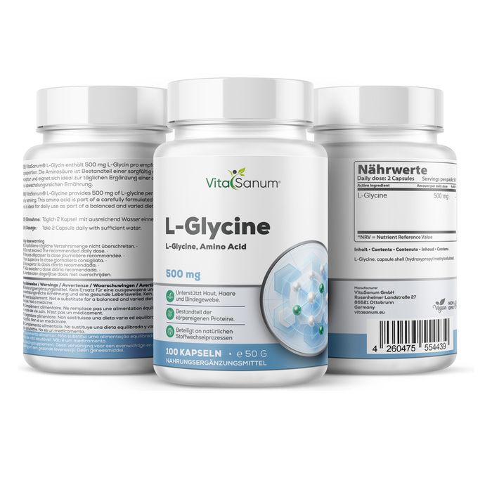 VitaSanum L-Glicina 500 mg capsule. Tre contenitori, uno davanti, due dietro, con informazioni dettagliate sul prodotto.