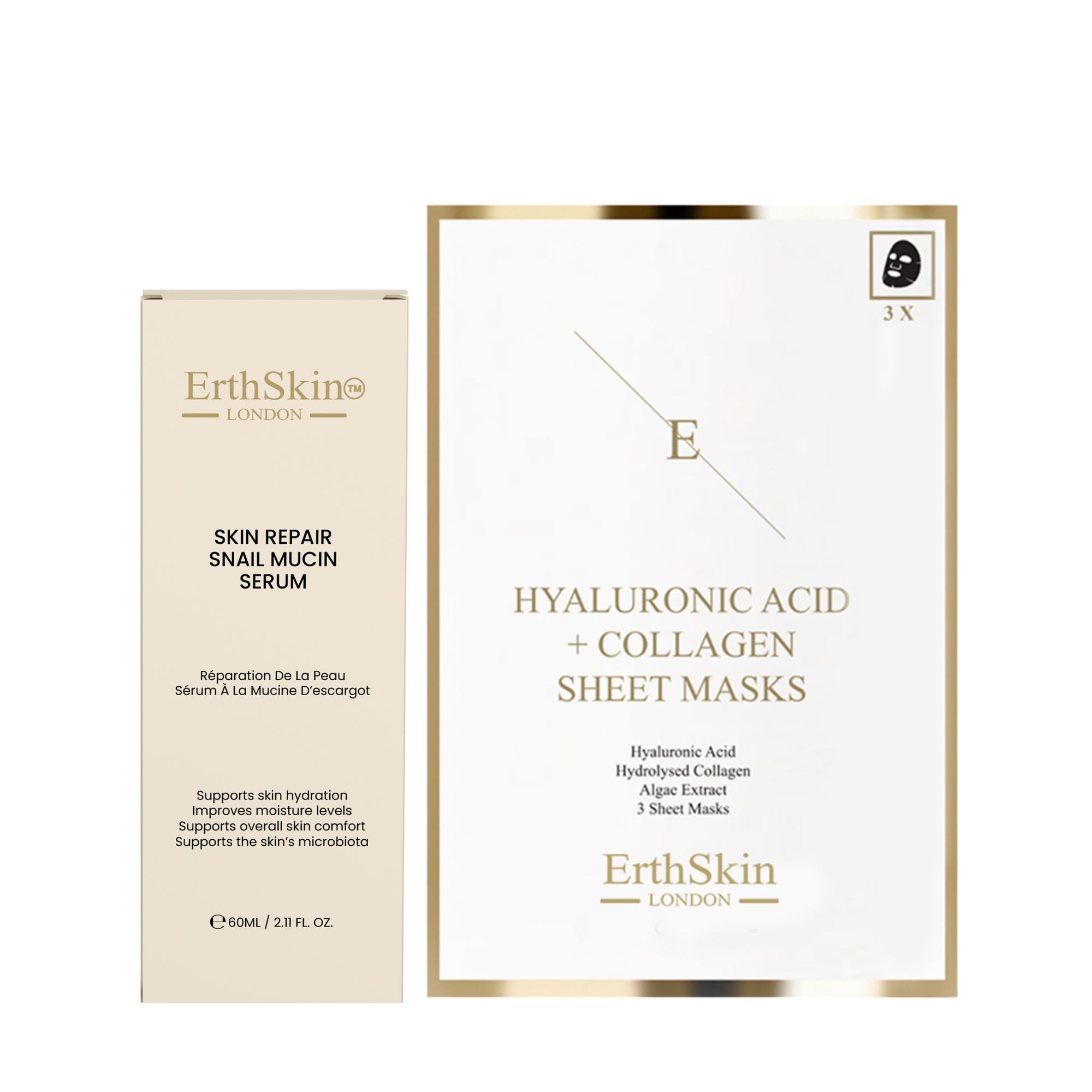 Set ErthSkin London con siero alla bava di lumaca, patch occhi e maschera al collagene.