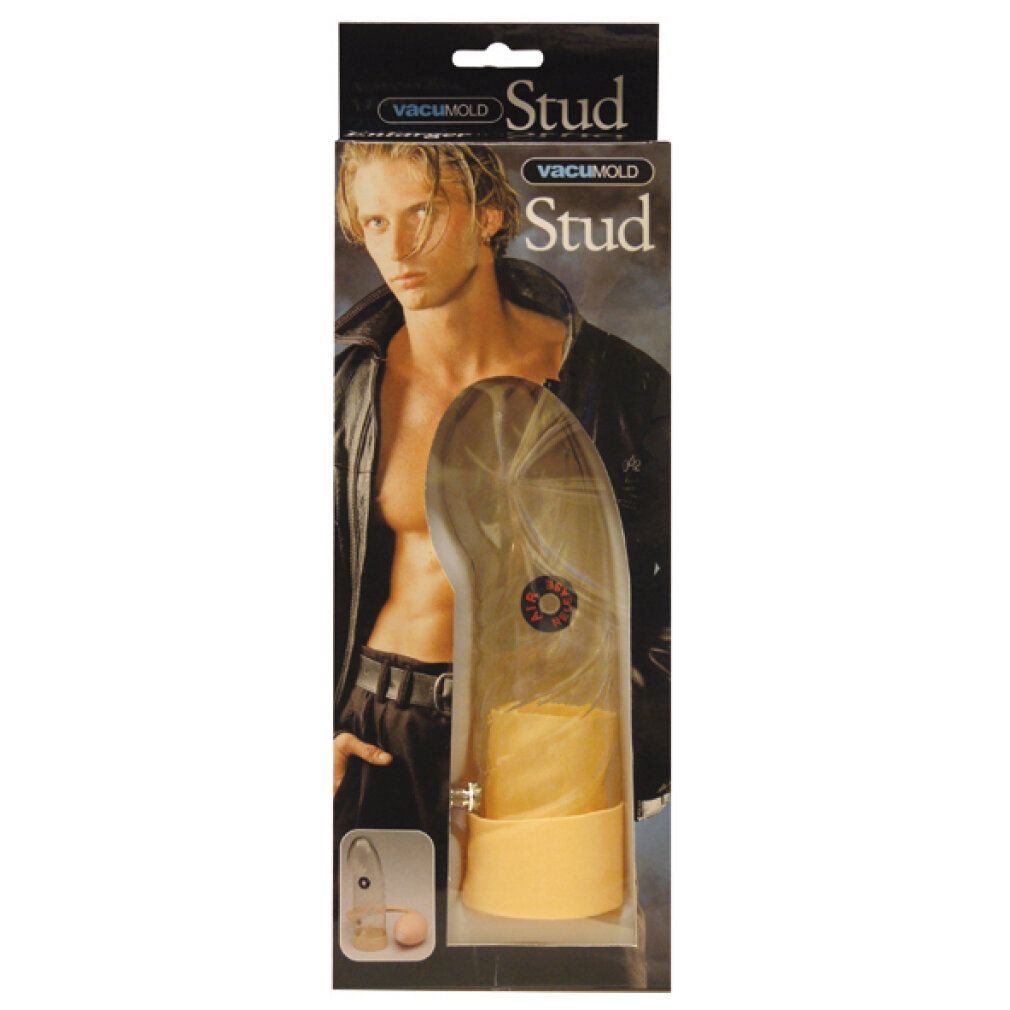 Confezione con pompa a vuoto. Cilindro trasparente, base gialla, uomo sullo sfondo. Scritta "Stud".