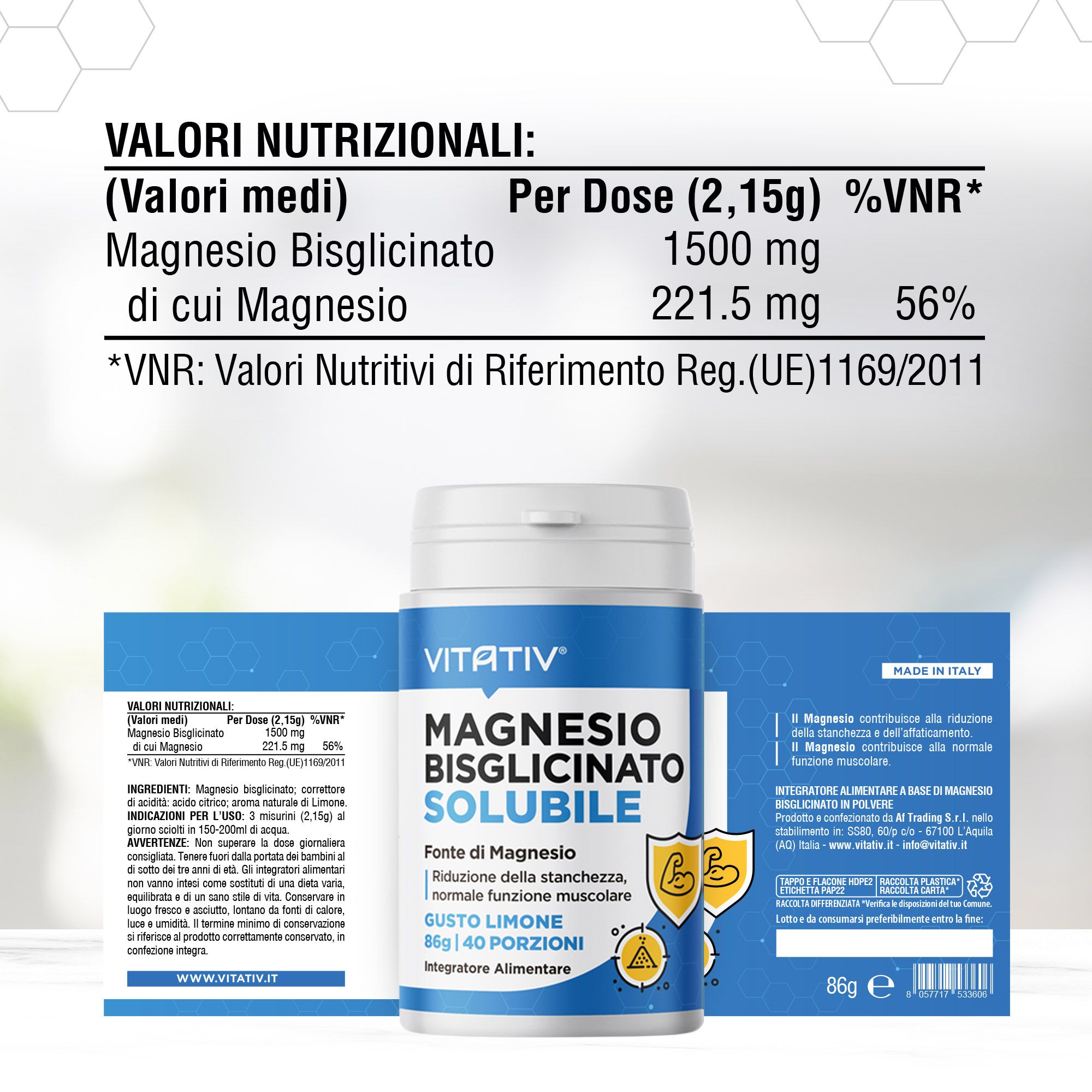 Vitativ Magnesio Bisglicinato solubile, barattolo da 86g con 40 porzioni, gusto limone.