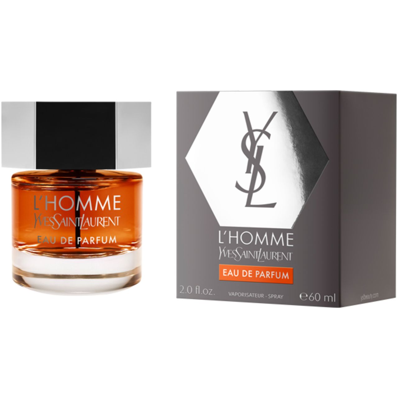 Flacone e confezione YSL L'Homme Eau de Parfum Intenso. Scatola grigia, logo argento, scritta.