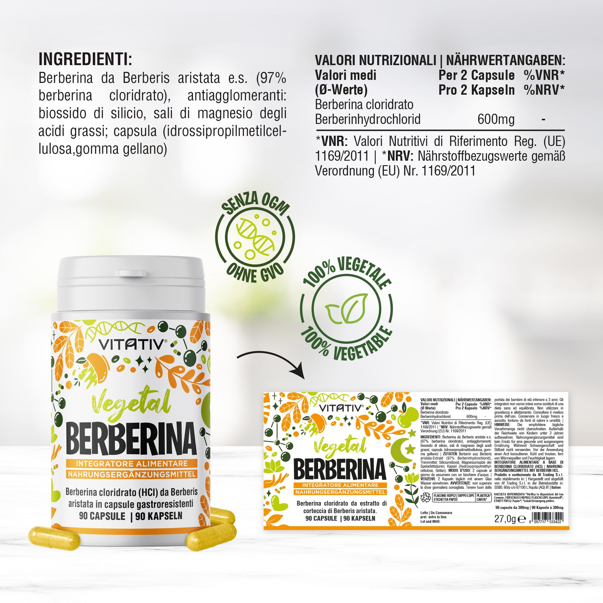 VITATIV® Berberina da Berberis Aristata HCl Alta Purezza - Capsule Gastroresistenti Vegetali
