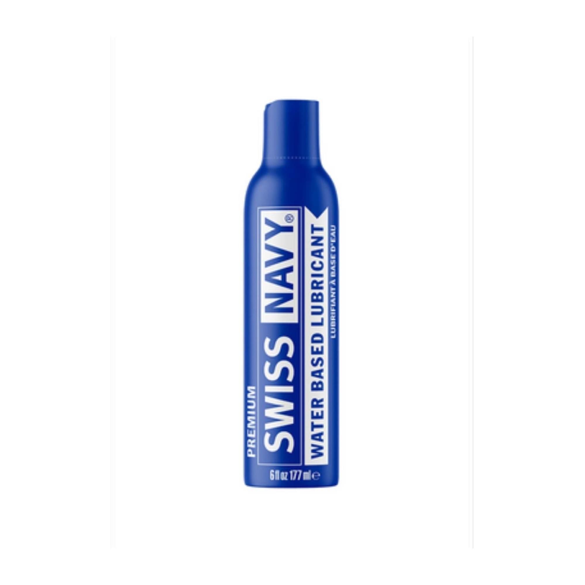 Flacone blu con testo bianco. Scritta: Swiss Navy Premium Water Based Lubricant. In basso: 6 fl oz / 177 ml.