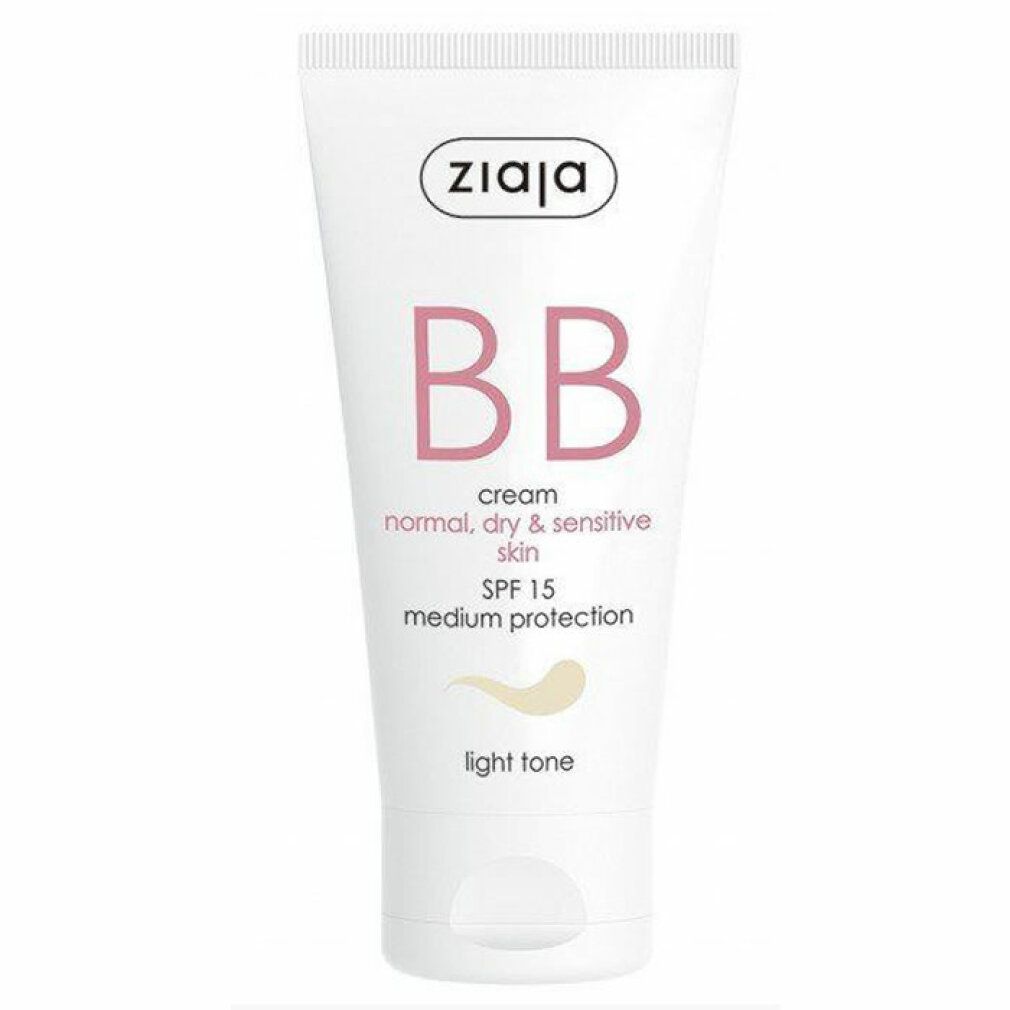 Tubo bianco Ziaja BB cream, SPF 15, per pelli normali, secche e sensibili. Scritta rosa BB e indicazione tonalità 'light tone'.