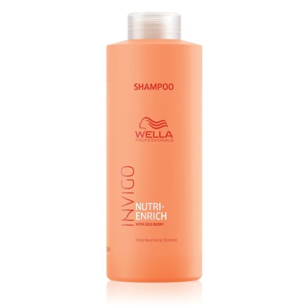 Shampoo Wella Invigo Nutri-Enrich. Flacone arancione con tappo bianco. Scritte: Invigo, Nutri-Enrich, Shampoo.