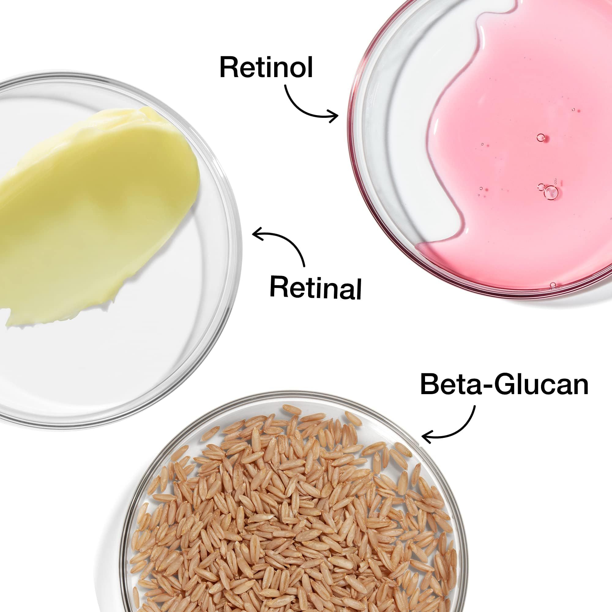 Tre piastre di Petri con ingredienti: Retinolo, Retinale e Beta-Glucano. Etichette.