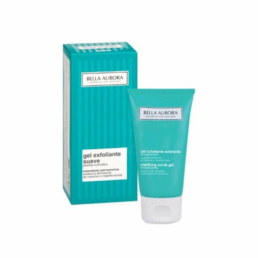Tubo e scatola turchesi con testo e nome del prodotto. "Gel esfoliante suave".