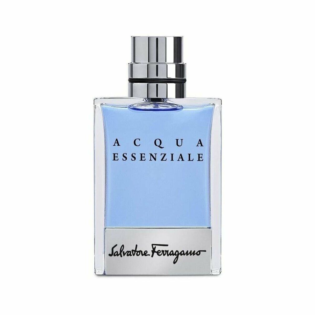 Eau de toilette azzurra in flacone quadrato con tappo argentato. Scritta: Acqua Essenziale, Salvatore Ferragamo.