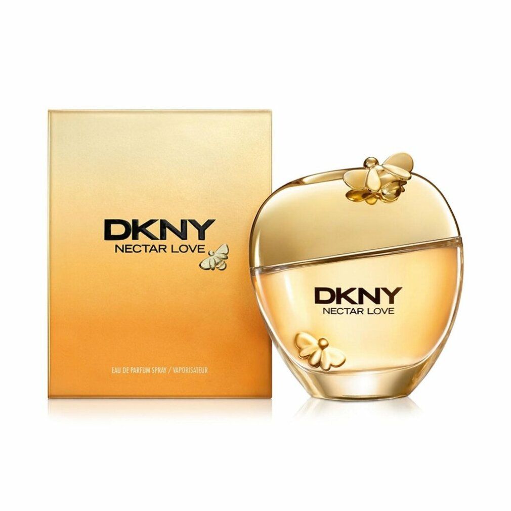 Flacone di profumo e scatola. Tappo dorato con ape. Scritta DKNY Nectar Love.