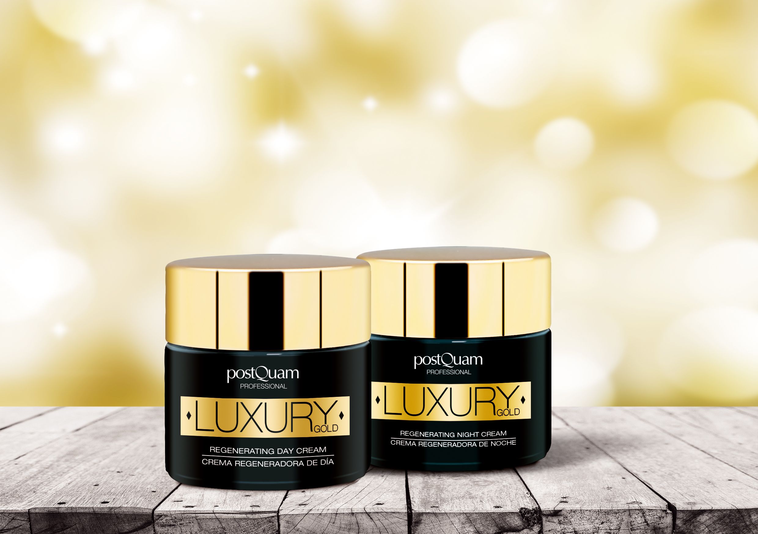 Due vasetti con coperchi dorati. Scritta: Luxury Gold, Regenerating Day Cream e Night Cream. Marchio: Postquam Professional.