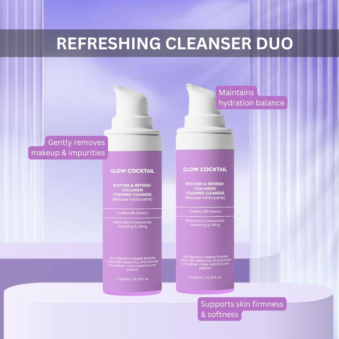 Due flaconi viola con erogatore bianco. Testo: Glow Cocktail, Restore & Refresh Collagen Foaming Cleanser. Didascalie.