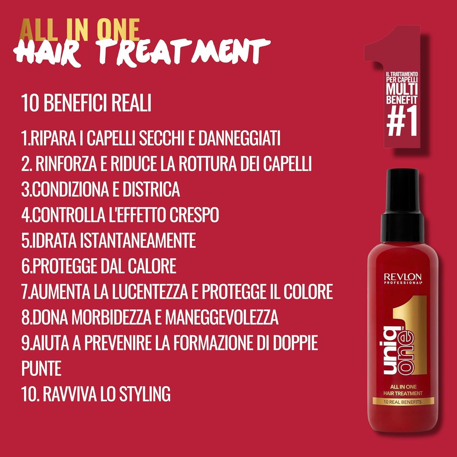Flacone rosso Revlon UniqOne Hair Treatment. Scritta dorata. Testo: 10 benefici. Su sfondo rosso.