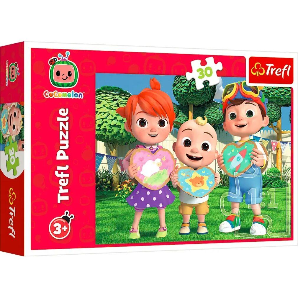 Trefl Puzzle Cocomelon: Giochiamo, 30 pezzi. Confezione rossa con personaggi Cocomelon. Logo Trefl e raccomandazione d'età 3+.