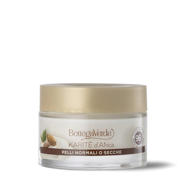 Vaso di crema con coperchio dorato. Scritta: Bottega Verde Karitè d'Africa, Pelli Normali o Secche. Con certificazione.