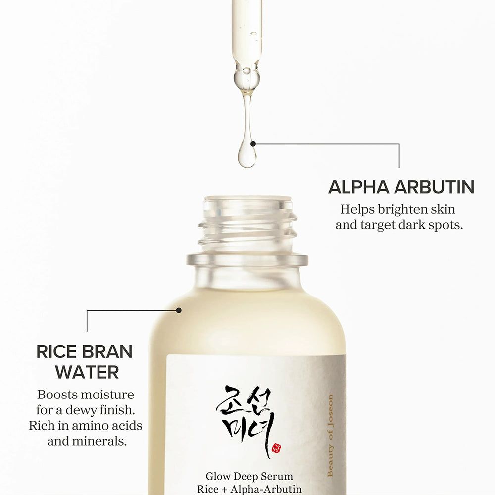 Flacone di siero con scritta: Glow Deep Serum, Rice + Alpha-Arbutin. Marchio: Beauty of Joseon. Testo: Alpha Arbutin, Rice Bran Water. Con goccia.