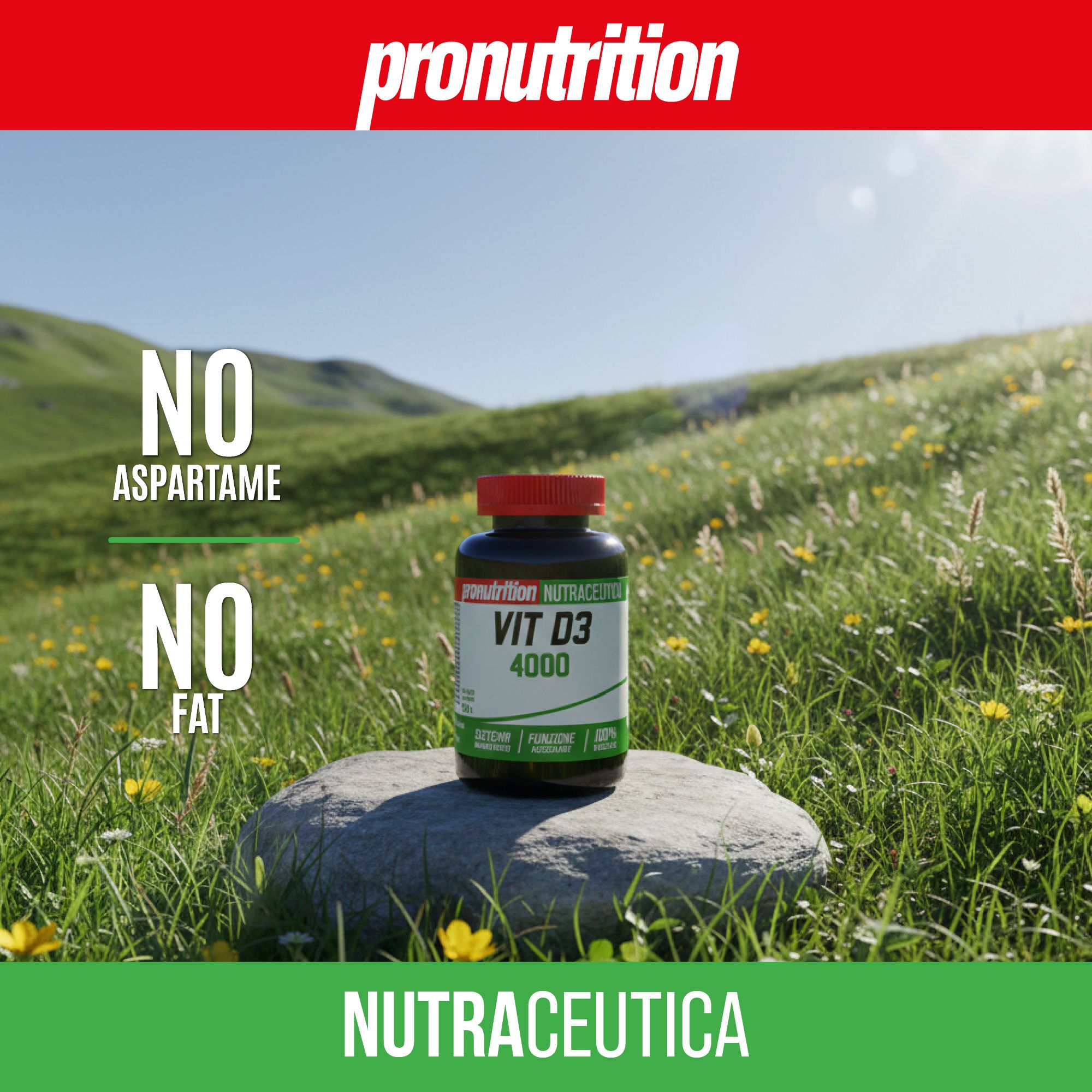 Flacone marrone con tappo rosso. Scritta Vit D3 4000. Su una pietra. Prato verde sullo sfondo.