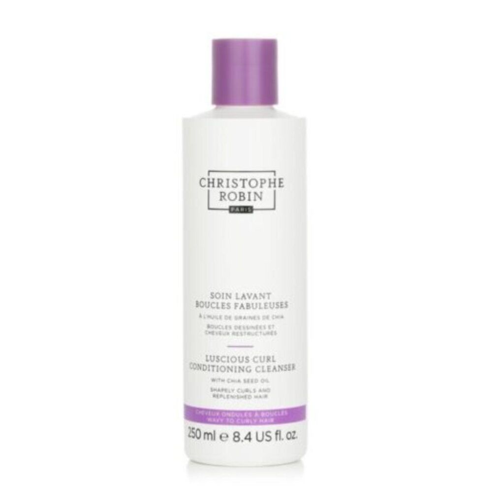Flacone bianco con tappo viola, 250 ml, Christophe Robin Luscious Curl Conditioning Cleanser.