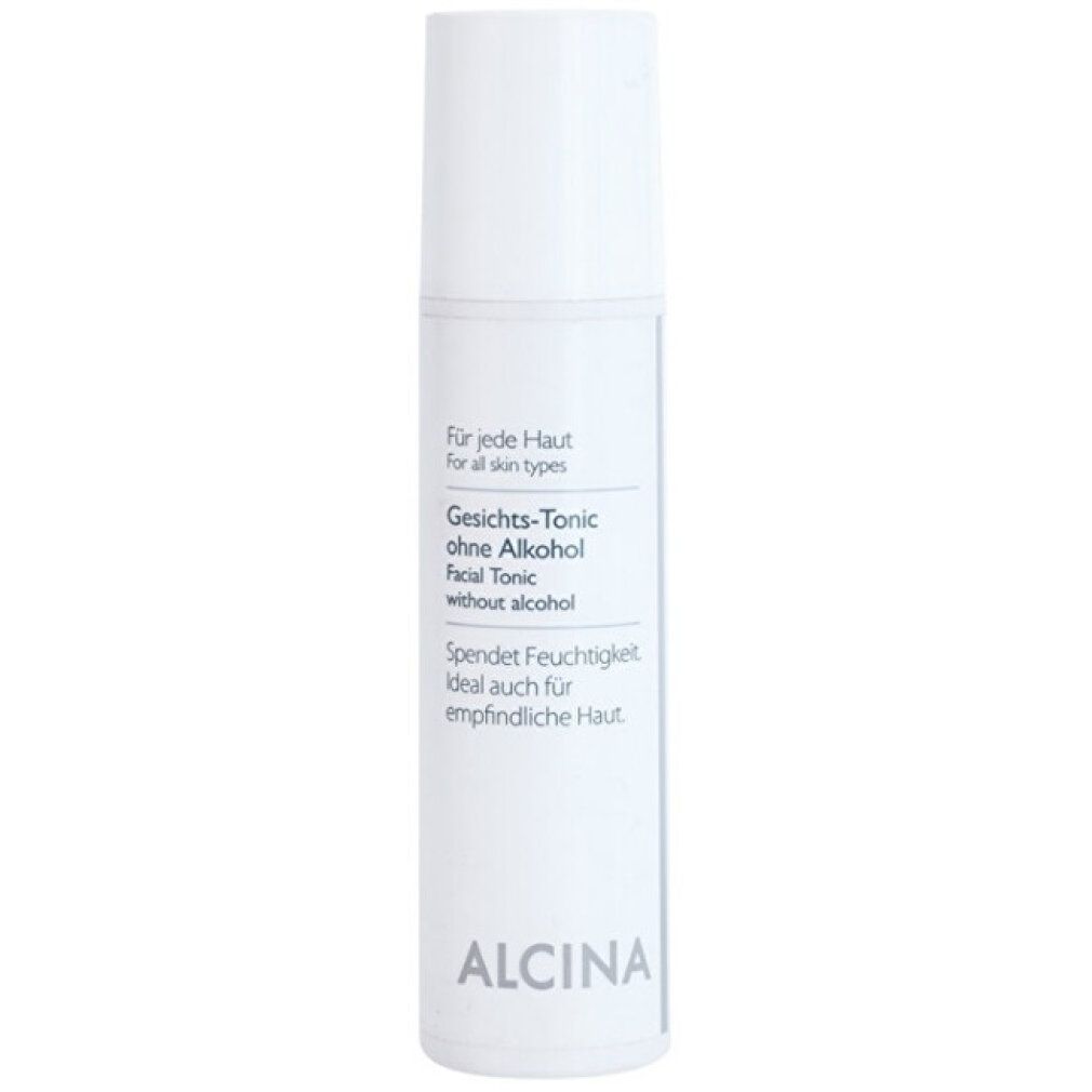 Flacone cilindrico bianco con vaporizzatore. Scritta: Gesichts-Tonic ohne Alkohol, Alcina. Testo in tedesco e inglese.