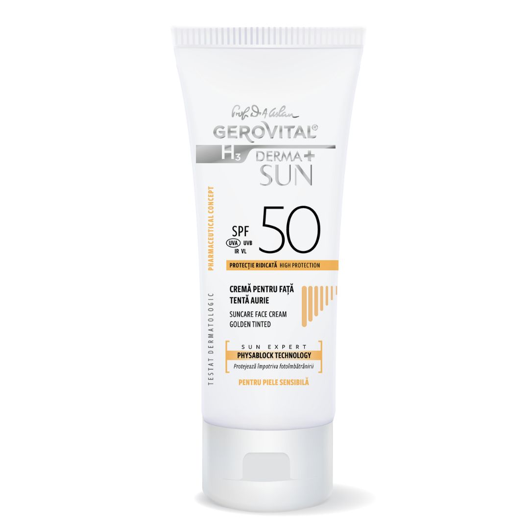 Tubo di crema solare bianco. Scritta: Gerovital H3 Derma+ Sun, SPF 50. Crema viso colorata.