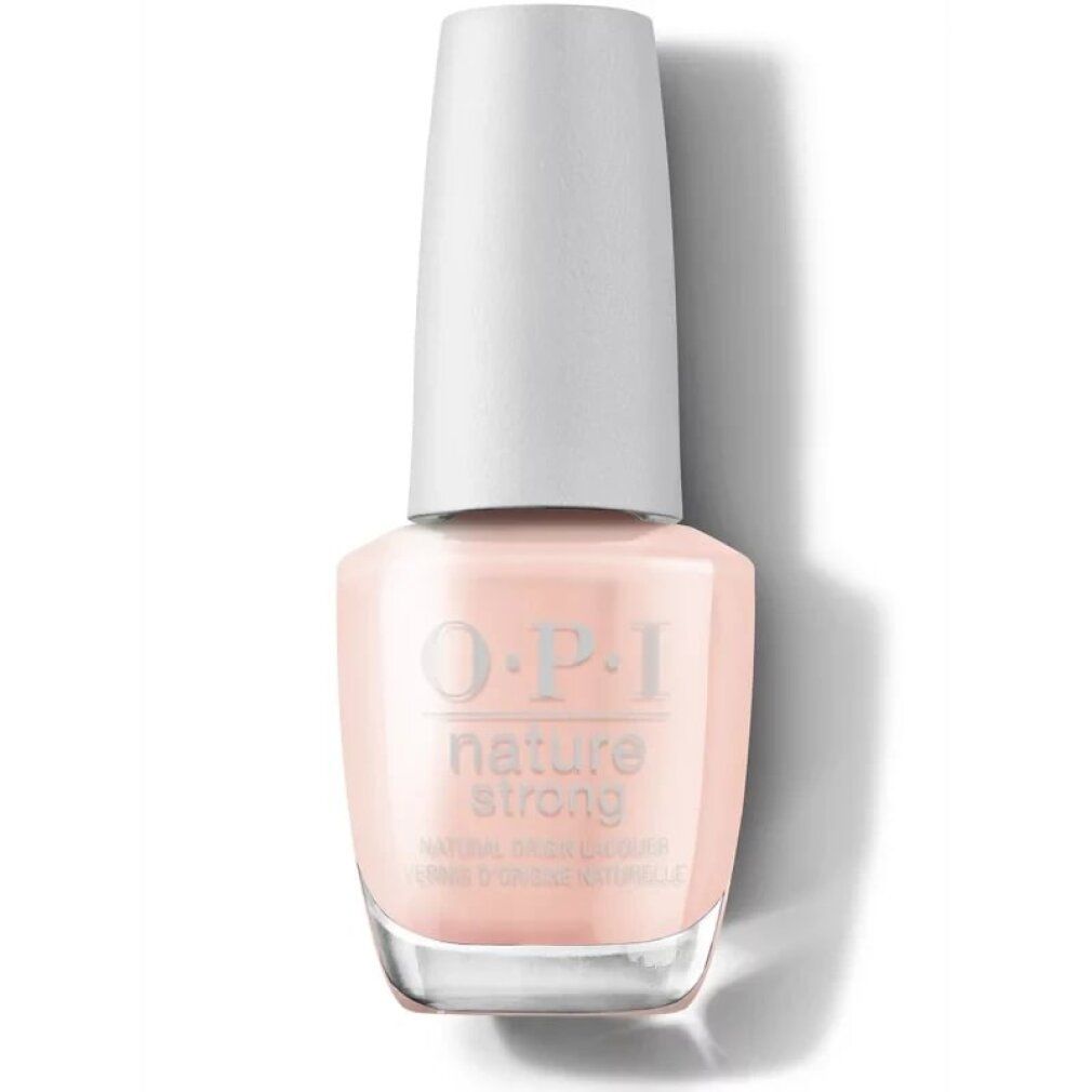 Flacone di smalto rosa chiaro con tappo bianco. Logo OPI Nature Strong visibile.